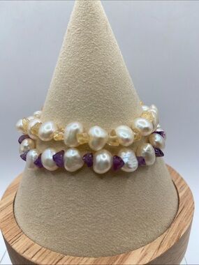 Freshwater Pearl Amethyst Citrine Beaded Stretch Bracelet White Cream Size Small